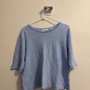 Vince Striped Linen Elbow Sleeve Crew Neck T-Shirt